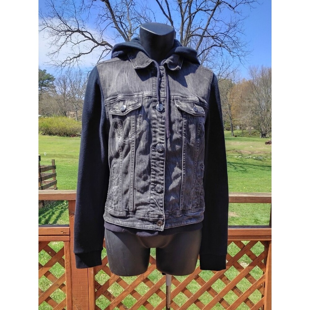 American Eagle Black Denim Hoodie Trucker Jacket Size Medium - Picture 1 of 9